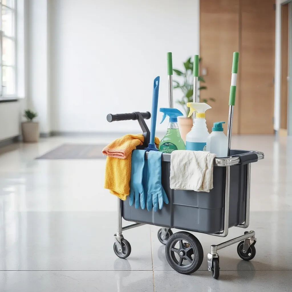 Janitorial cart with cleaning supplies for office floors, including mops, microfiber cloths, and disinfectant bottles