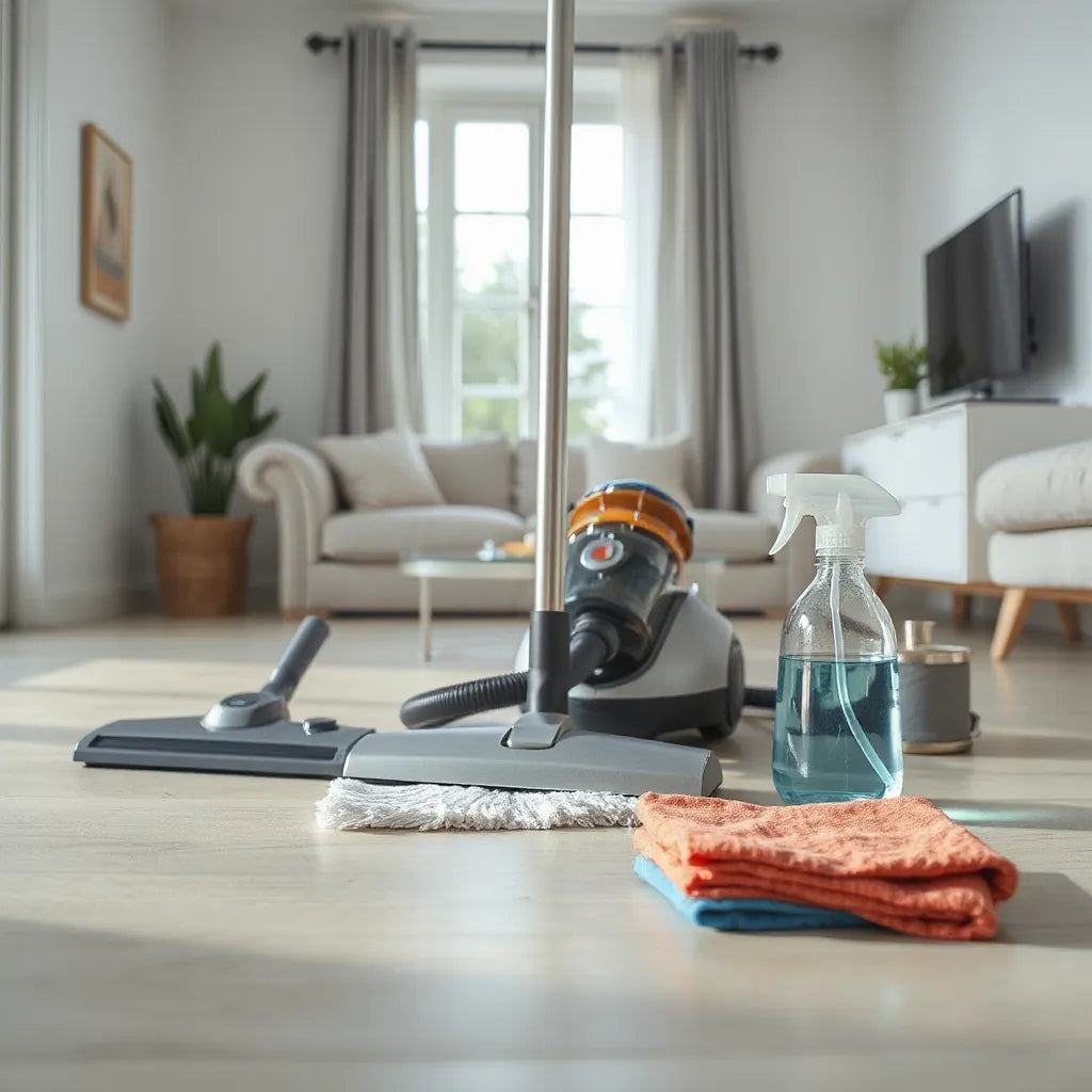 A neatly arranged set of efficient cleaning tools including a vacuum and mop system on a clean floor.