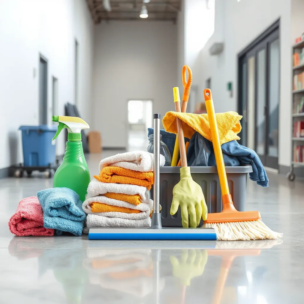 Neatly organized commercial cleaning tools and supplies on a clean floor