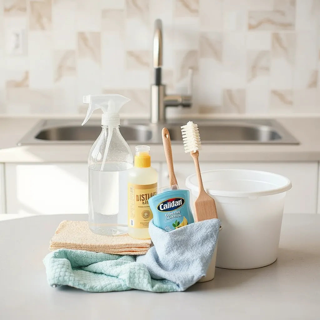Assorted household cleaning supplies neatly arranged on a kitchen countertop with microfiber cloth and brush