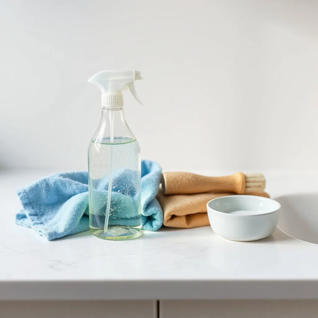 Neatly arranged premium cleaning supplies on a bright countertop with microfiber cloths and a spray bottle.