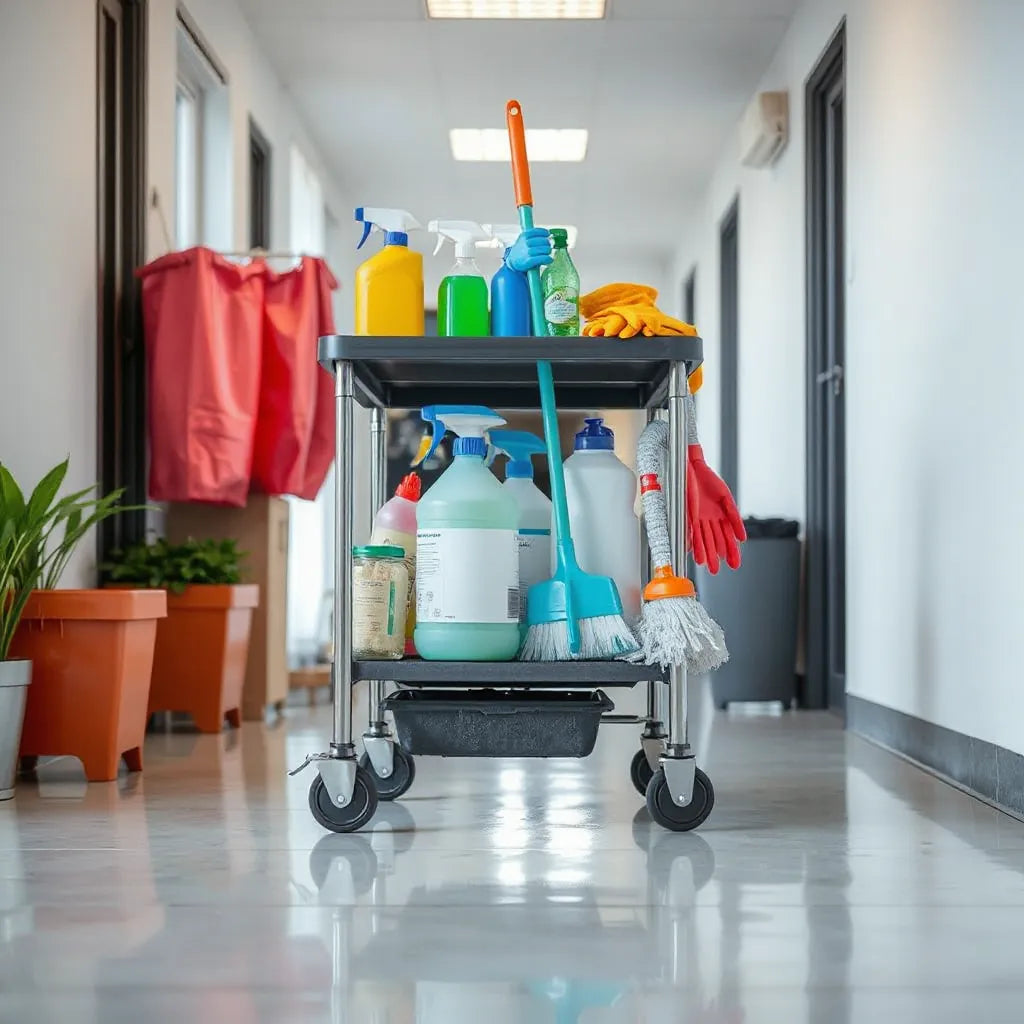 Organized cleaning supplies and tools on a cart in a bright commercial hallway