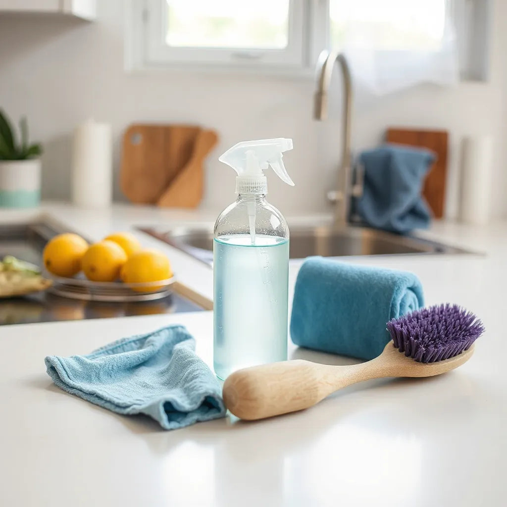 Neatly arranged cleaning bottles, microfiber cloth, and scrub brush on a bright kitchen counter.