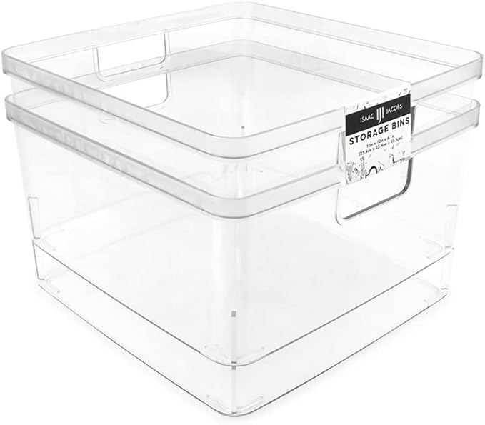 Isaac Jacobs 2-Pack Square Clear Storage Bins w/Cutout Handles, Plastic by IsaacJacobs