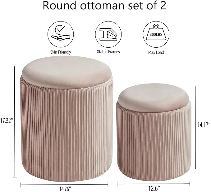 Round Set of 2 Ottoman with Storage-Upholstered Velvet Vanity Stool - Image 3