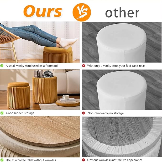 Round Set of 2 Ottoman with Storage-Upholstered Velvet Vanity Stool - Image 5