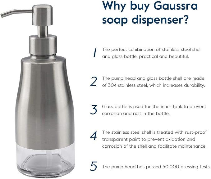 Gaussra Soap Dispenser with Coaster and Stickers, Brushed Nickel Stainless - Image 8