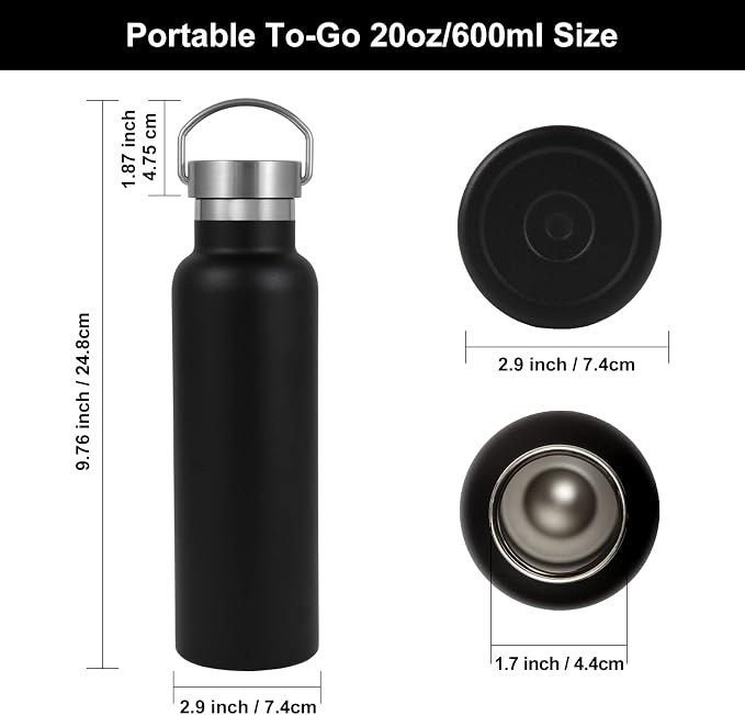 Neihepal Black Stainless Steel Water Bottles, 20 Ounce Vacuum Insulated Double - Image 5