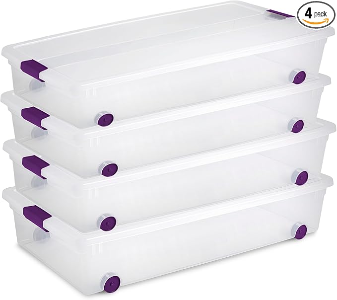 Sterilite 4-Pack 60 Quart ClearView Latch Box, Wheeled Underbed Organizer Bins by Sterilite