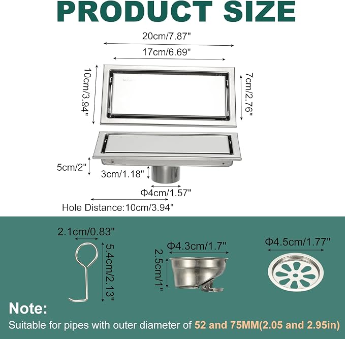 uxcell Rectangular Shower Drain, Brushed 304 Stainless Steel Odor-Proof Floor - Image 2
