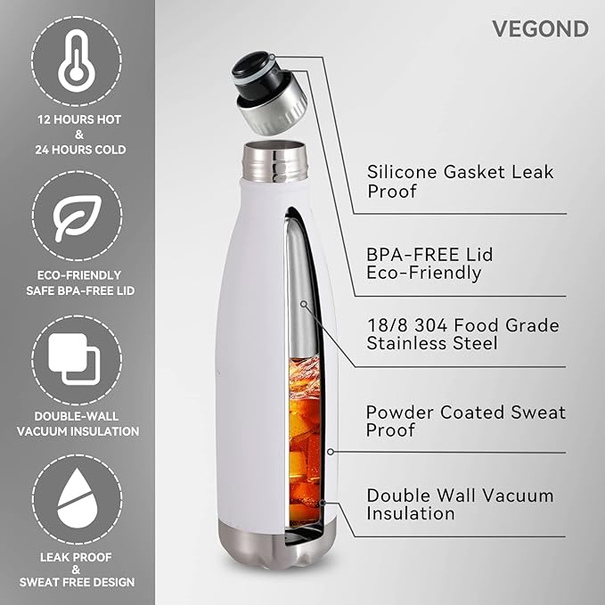 VEGOND 17oz Stainless Steel Water Bottles, Reusable Metal Sports Water Bottle - Image 2