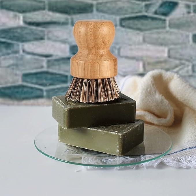 Bamboo Scrub Brush Clean Pan, Dish and Vegetable, Natural Bristles Palm Pot - Image 2