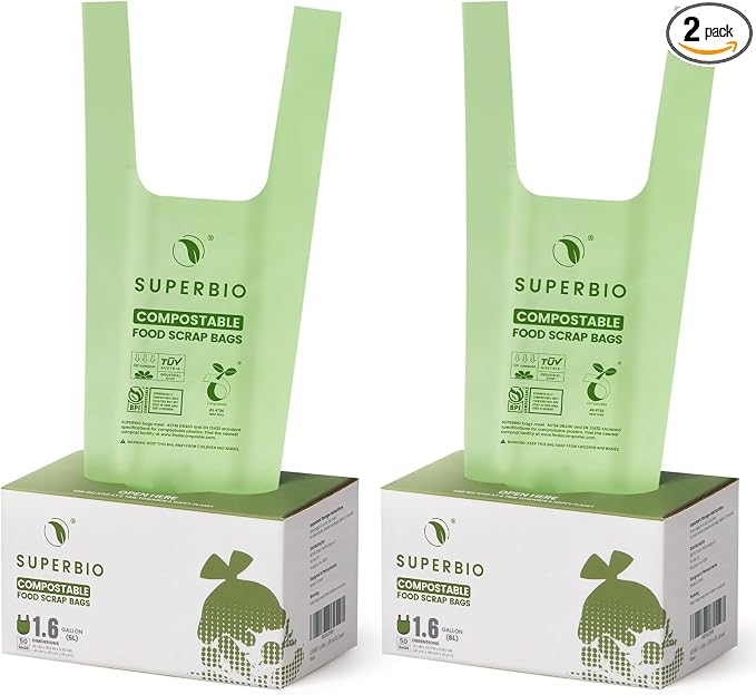 SUPERBIO 1.6 Gallon Handle Tie Compostable Food Scrap Bags, Small Compost Bags by SUPERBIOCOMPOSTABLEBAGS