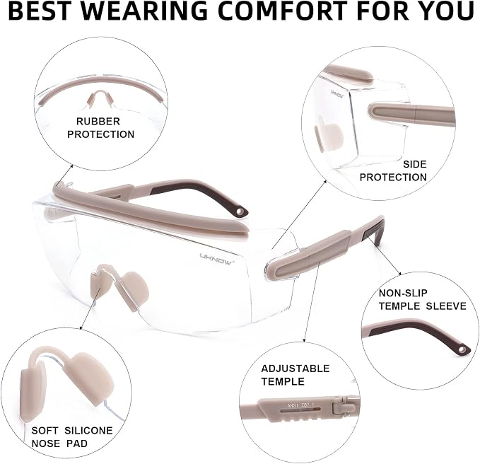 UKNOW Safety Goggles Over Glasses, Safety Glasses Anti Fog Wraparound Eye - Image 4