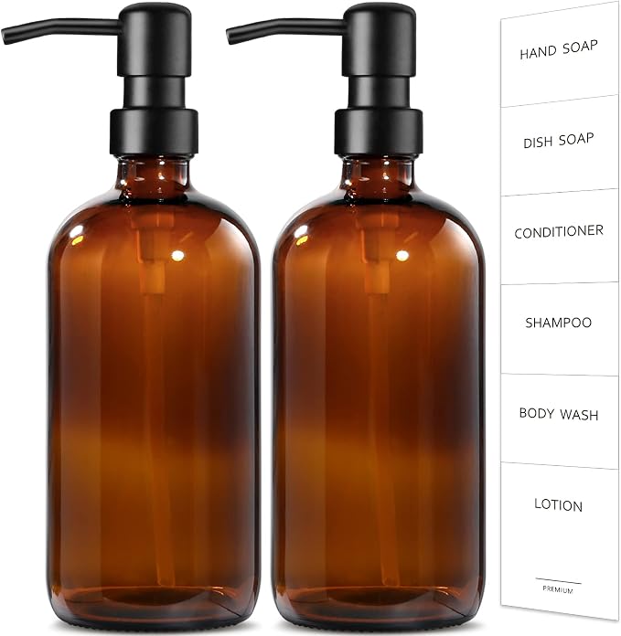 GMISUN Amber Glass Soap Dispenser, 2 Pack Bathroom Hand Soap Dispensers by GMISUN