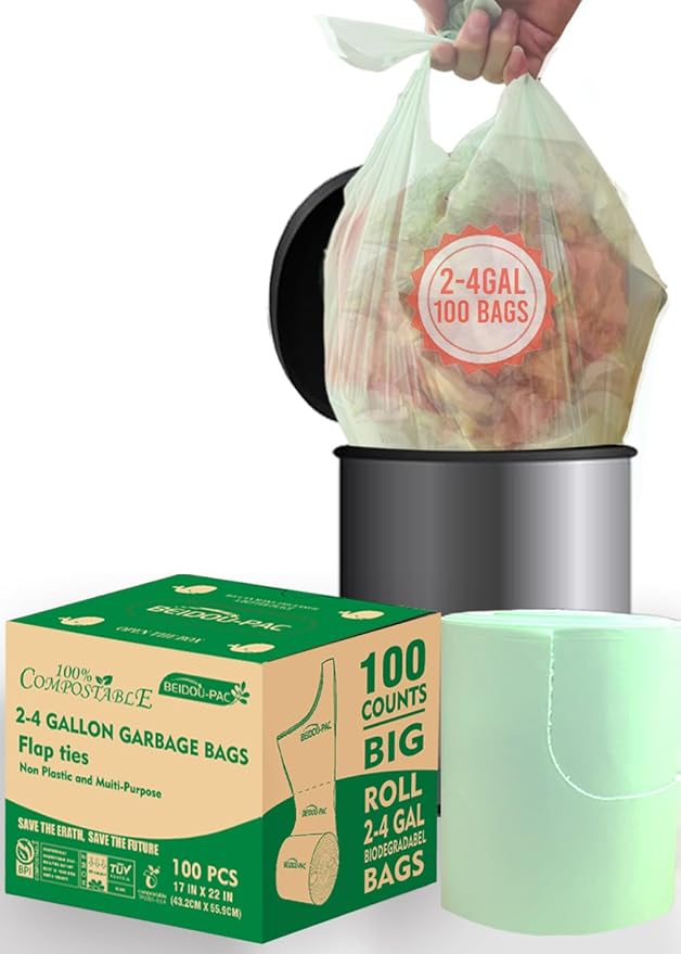 3 Gallon Flap Tie Compostable Trash Bags, Biodegradable Kitchen Garbage Bags by BEIDOU-PAC
