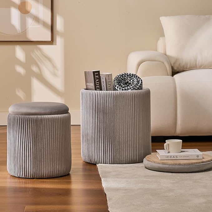 Round Set of 2 Ottoman with Storage-Upholstered Velvet Vanity Stool - Image 2