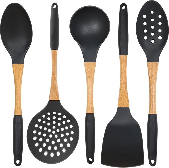 Beille 5pc Dark Grey Nylon Wooden Kitchen Utensils by BEILLE