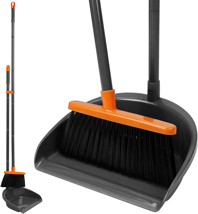 Long Handle Broom with Upright Standing Dustpan Combo by REEWII