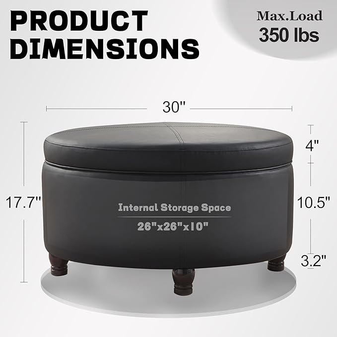 30-Inch Round Storage Ottoman, Modern Ottoman Coffee Table - Image 2