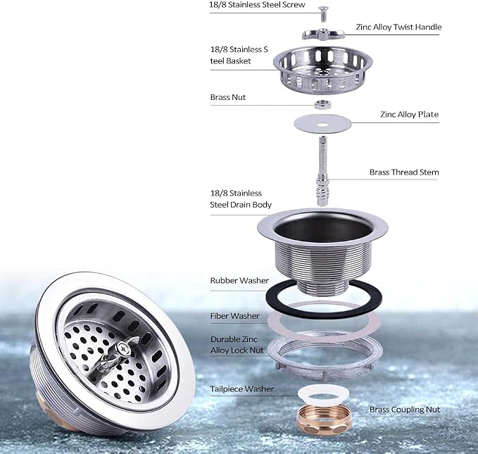 304 Stainless Steel Kitchen Sink Twist Lock Basket Drain Assembly W/Brass - Image 3