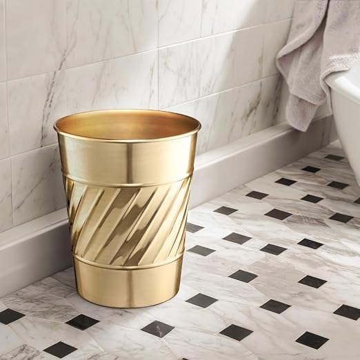 Monarch Abode Brushed Gold Handcrafted Wave Embossed Metal Wastebasket - Image 4