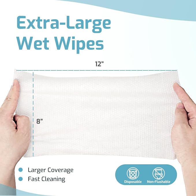 SUNKISS Trustplus Wet Wipes for Adult No Rinse, Extra Large 8”x12” Body - Image 2