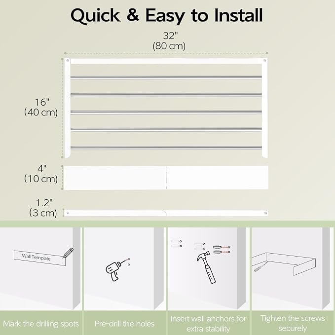Wall Mounted Clothes Drying Rack 32", Foldable Wall Mount Laundry Rack Folding - Image 6