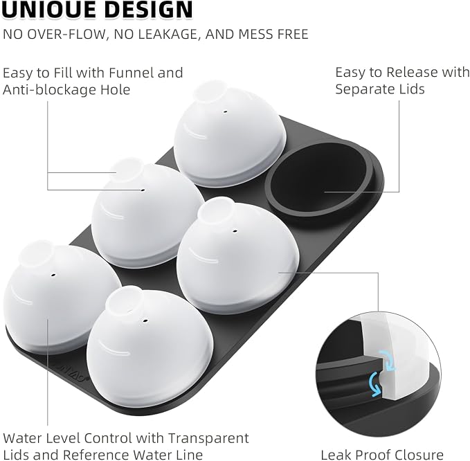 HONYAO Whiskey Cocktail Ice Mold, Easy Fill and Release Silicone Round Ice Ball - Image 3