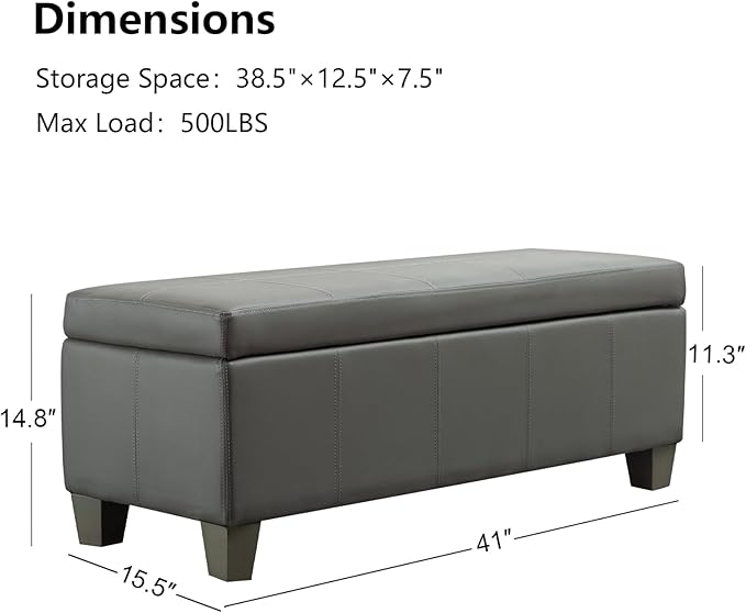 Grey Faux Leather Ottoman with Storage, Rectangular Extra Long Storage Bench - Image 3