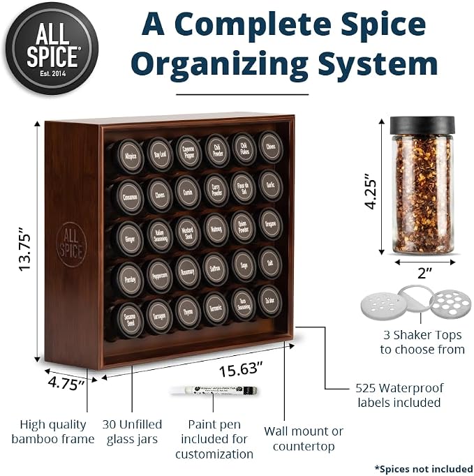 AllSpice Spice Rack Organizer, 525 Unique Labels, Countertop or Wall Mount - Image 3