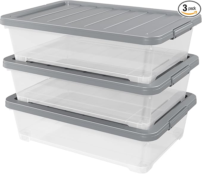 Readsky 3 Packs Large Clear Wheeled Latching Box, 40 L Plastic Underbed Storage by Readsky