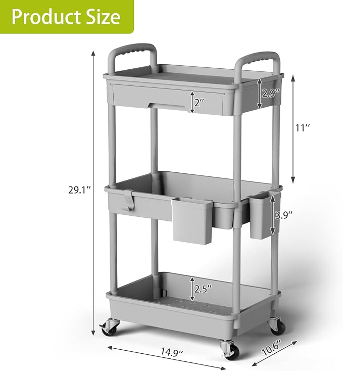 3 Tier Rolling Cart Organizer, Laundry Room Bathroom Organizers and Storage - Image 3
