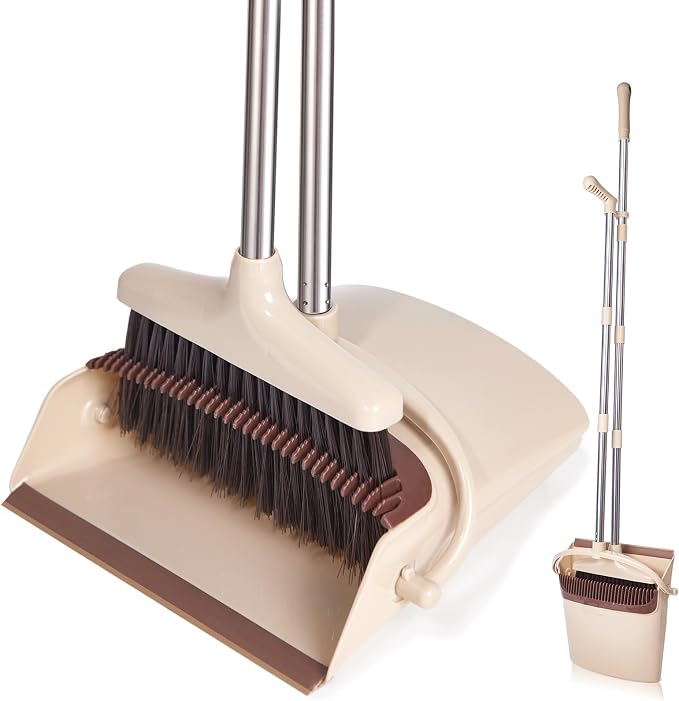Broom and Dustpan Set with Long Handle, Light Weight Stainless Steel Poles by XXFLOWER