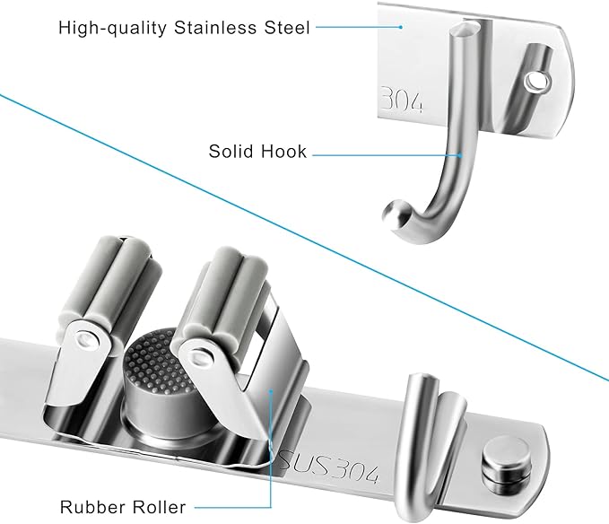 Broom and Mop Holder Wall Mounted, Broom Hanger Storage Rack, Stainless Steel - Image 2