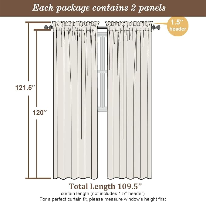 Chyhomenyc Extra Long Ivory Sheer Curtains 120 Inches Long 2 Panels, Light - Image 2