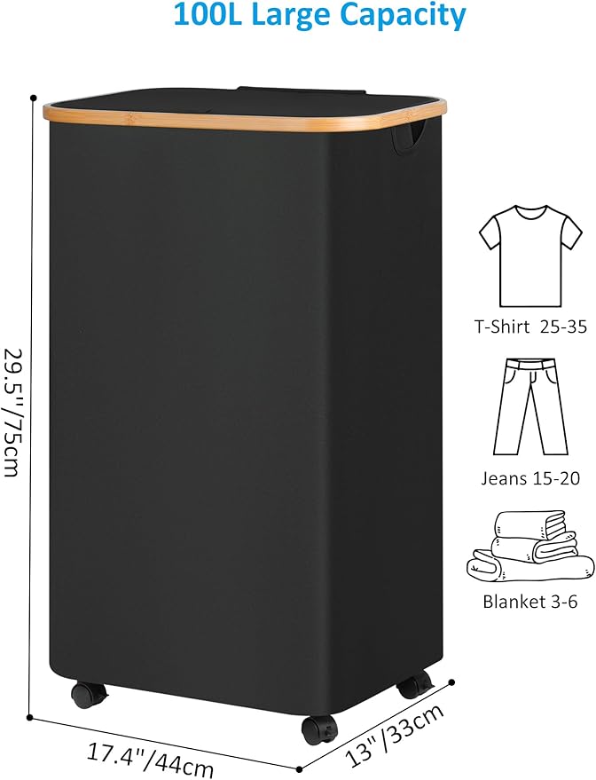 efluky Laundry Basket with Wheels, Tall Rolling Laundry Hamper with Lid and - Image 6