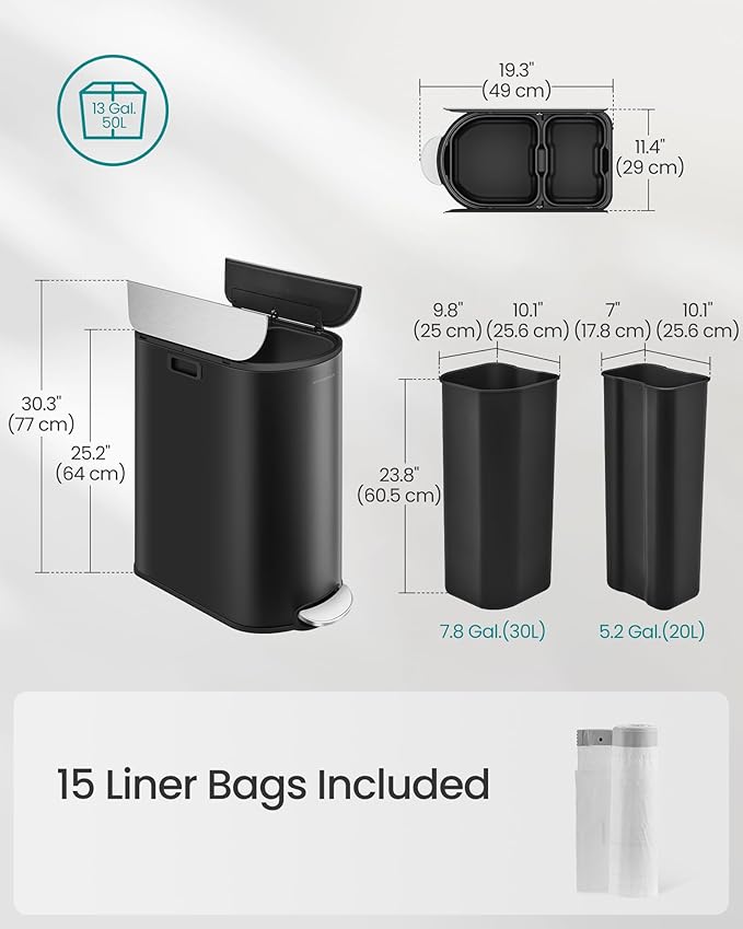 SONGMICS 13-Gallon Dual Kitchen Trash Can, 5.3 and 8 Gallon Compartments - Image 7