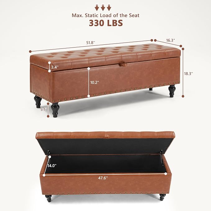 51.8’’ Storage Ottoman Bench, Faux Leather Ottoman - Image 2