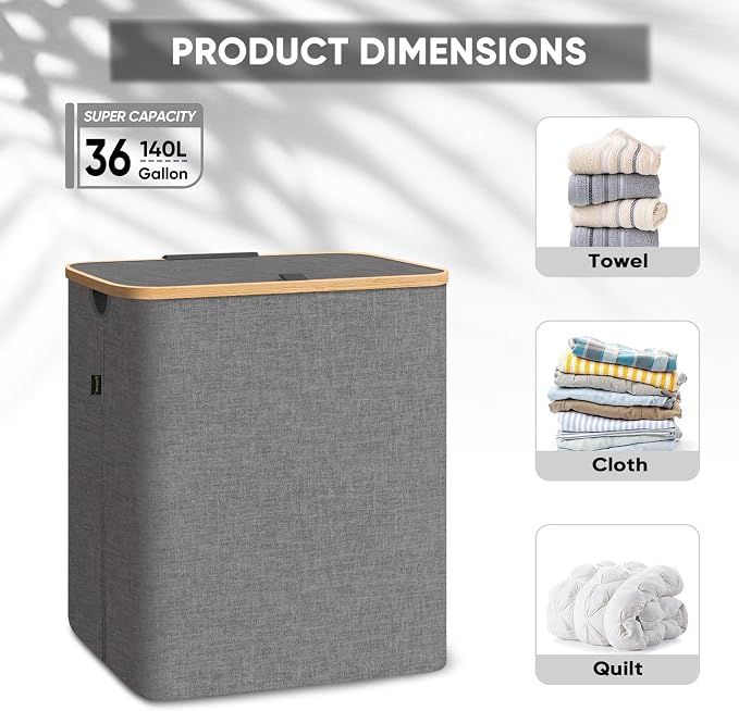 BALEINE Laundry Hamper with Lid, Tall Laundry Baskets with Bamboo Pull Handles - Image 4