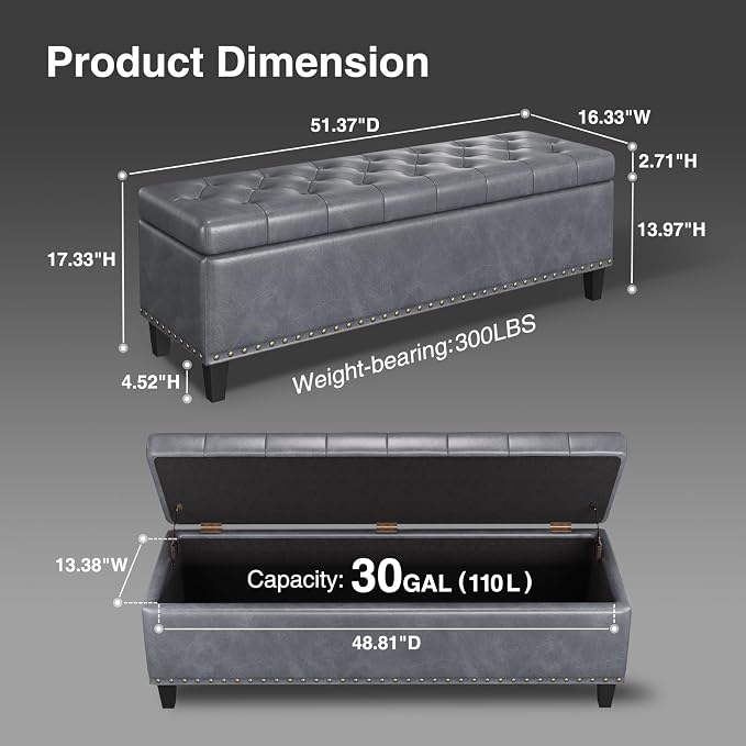 Storage Ottoman Bench, 51-Inch Large Storage Ottoman - Image 2
