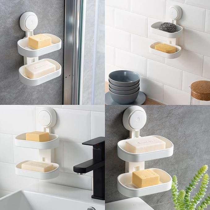 LEVERLOC Soap Dish Holder for Shower Double Layer Suction Cup Wall Mounted - Image 9