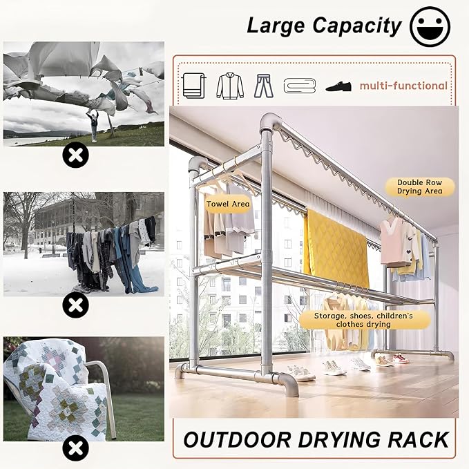 Clothes Drying Rack with Windproof Hooks, 63 inch Drying Rack Clothing Indoor - Image 5