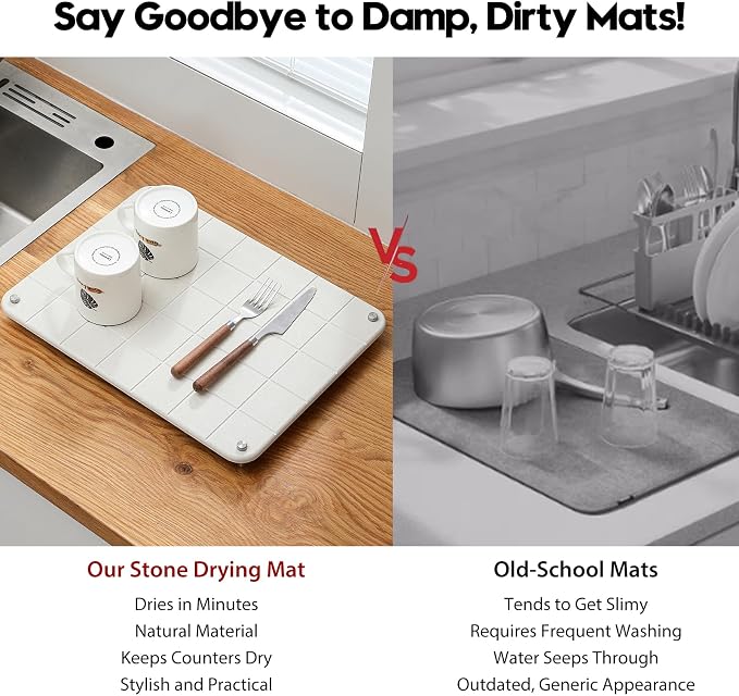 Stone Dish Drying Mat for Kitchen Counter, Water Absorbing Bathroom Tray Sink - Image 6