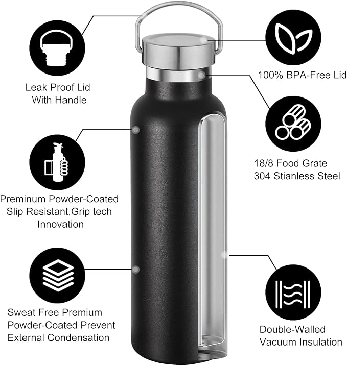 Neihepal Black Stainless Steel Water Bottles, 20 Ounce Vacuum Insulated Double - Image 3