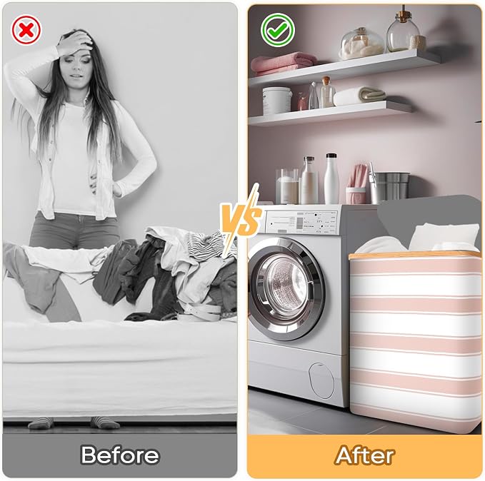 BALEINE Laundry Hamper with Lid, Tall Laundry Baskets with Bamboo Pull Handles - Image 7