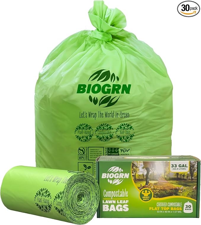 30-33 Gallon Compostable Trash Bags Flat-Top 30 Bags Heavy Duty1.57 Mil by BIOGRN