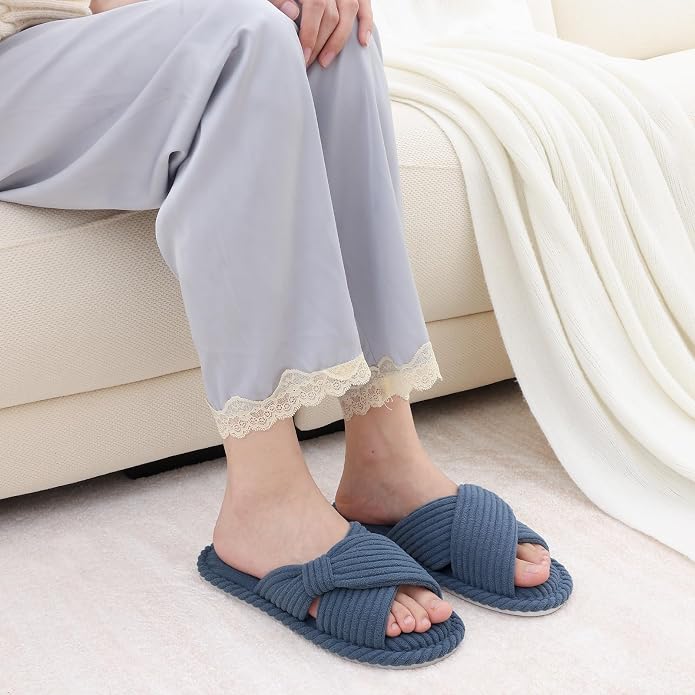 Evshine Summer House Slippers for Women Corduroy Cross Bow Indoor Slippers Open - Image 2