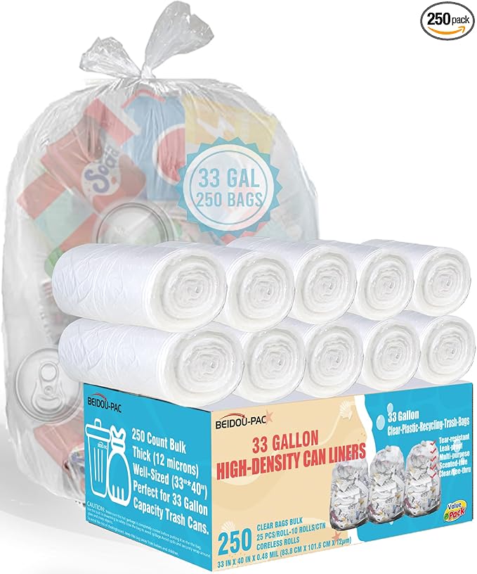 33 Gallon Trash Bags, Heavy Duty Clear Plastic Recycling Garbage Bags, by BEIDOU-PAC