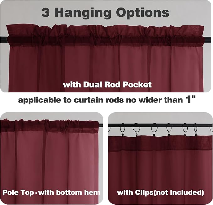 Chyhomenyc Burgundy Sheer Curtains 84 Inches Long 2 Panels Set, Light Filtering - Image 2